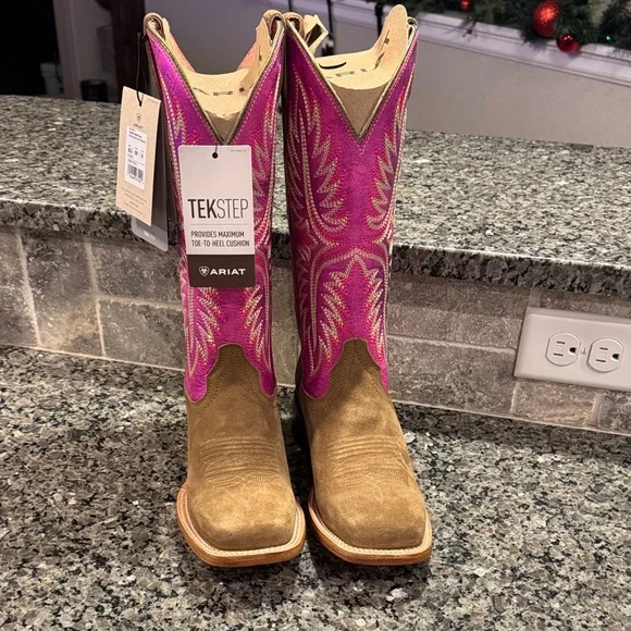 Ariat Women's Vibrant Pink and Tan Heeled Boots - Picture 4 of 9